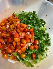 Plastic mixing bowl full of different chopped salad items